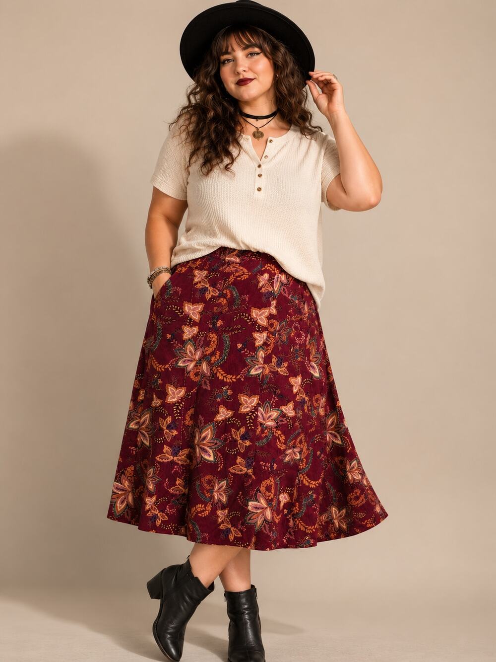 Floral Corduroy Midi Skirt Cottagecore Boho 14 Large Whimsigoth Fairycore
